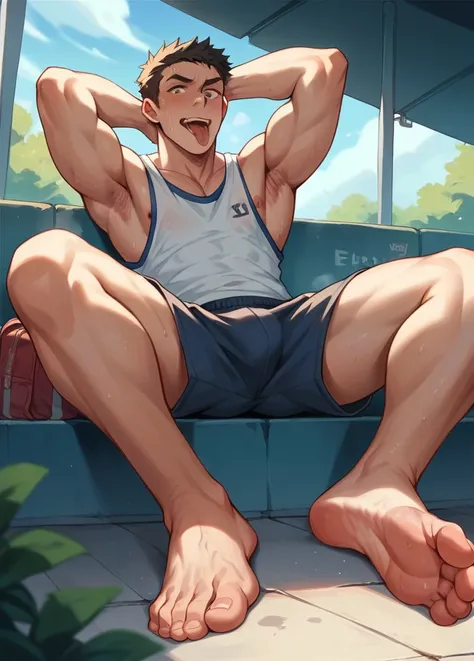 Two School sports boy tongue out and emailing 
open leg
showing armpits 
Showing smelly feet 
In public 
Embarrassing 