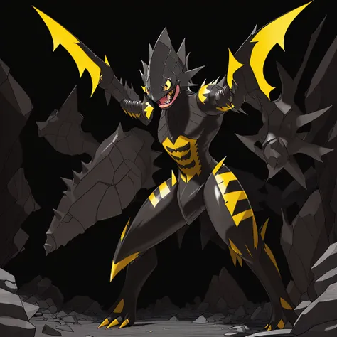 pokemon fish, evolved, Yellow eyes, Sharp teeth, legendary, rocky looking, skin colored underneath, black with yellow on top, black stripes on the upper part of the body, pointed tail, arms with thorns, thick thighs