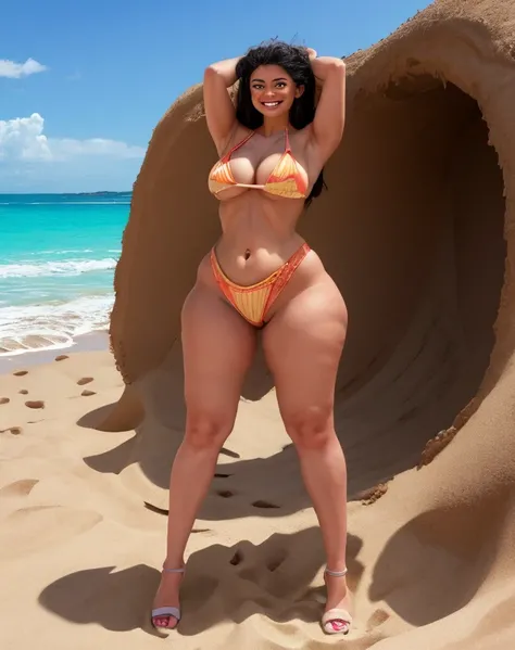 (masterpiece, best quality, high resolution), detailed skin, 1girl, solo, big belly, wide hips, thick thighs, round butt, bikini, beach, she is tightly stuck in a small hole in the sand, she sheepishly smiles and reaches her arms out to the viewer she is s...