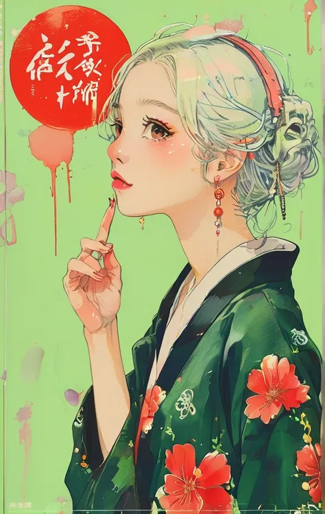 On a bright red campus"YES"Character、(masterpiece, best quality:1.2), 1 girl, Solitary，anime style，White hair, Girl with pink lips and light floral earrings puts finger on mouth，With the style of a top portrait painter, Yellow-green background.