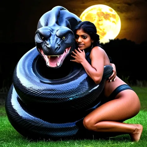  Happy Horny, aroused 1girl), beautiful kneeling Indian young teen girl  with  giant colossal black titanboa monster  squeezing her hard, wrapped in thick spiraling coils, constricted, struggle, gasping for air, snake attack, snake peril, moonless night, d...