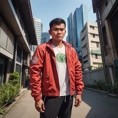 an indonesian man wearing a jacket and standing straight facing the front. the photo was taken from a front position, urban back...