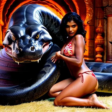 Bikini Happy Horny, aroused 1girl), beautiful kneeling Indian young teen girl  with  giant colossal black titanboa monster  squeezing her hard, wrapped in thick spiraling coils, constricted, struggle, gasping for air, snake attack, snake peril, moonless ni...