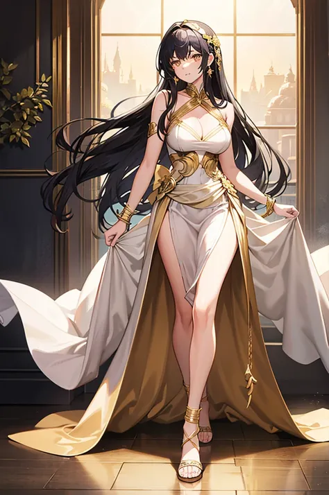 20 years old, with long black hair down to her waist, golden eyes. She wears jewelry and dresses in an antique style, donning a long white dress with golden details. She wears elegant gladiator sandals. She possesses golden powers and has a golden-themed b...