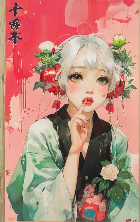 On a bright red campus"YES"Character、(masterpiece, best quality:1.2), 1 girl, Solitary，anime style，White hair, Girl with pink lips and light floral earrings puts finger on mouth，With the style of a top portrait painter, Yellow-green background.