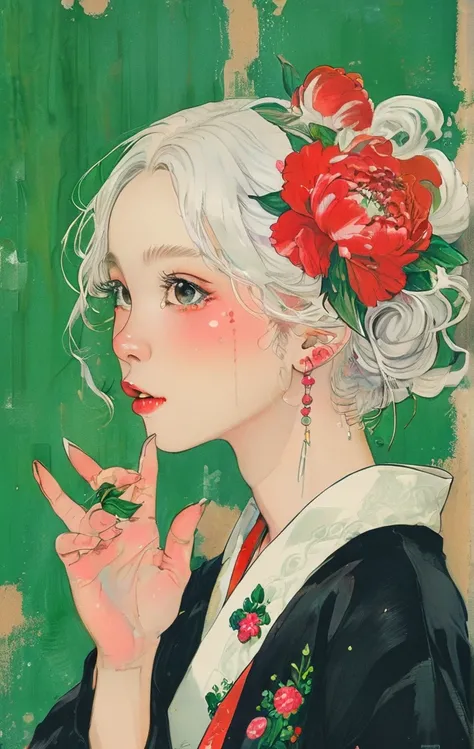 On a bright red campus"YES"Character、(masterpiece, best quality:1.2), 1 girl, Solitary，anime style，White hair, Girl with pink lips and light floral earrings puts finger on mouth，With the style of a top portrait painter, Yellow-green background.