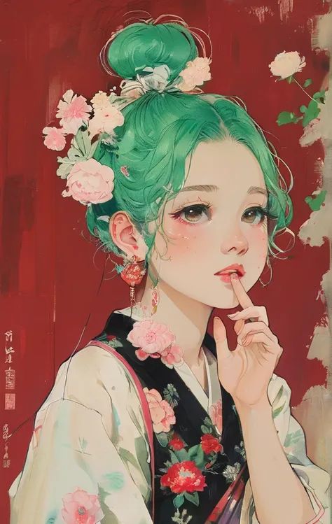 On a bright red campus"YES"Character、(masterpiece, best quality:1.2), 1 girl, Solitary，anime style，White hair, Girl with pink lips and light floral earrings puts finger on mouth，With the style of a top portrait painter, Yellow-green background.