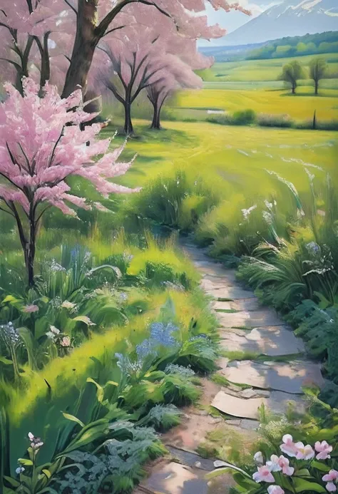 (Masterpiece, Top Quality, Best Quality, Official Art, Beautiful and Aesthetic:1.2), Spring landscape paintings depict scenes of nature in spring, often featuring budding flowers, green meadows, and budding trees. These paintings are done in a bright and c...