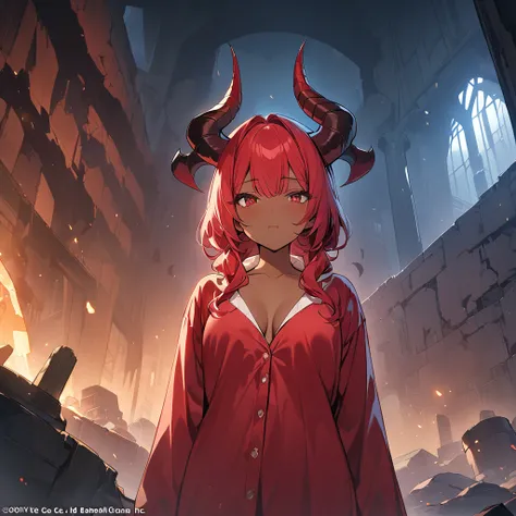 (masterpiece, top quality, best quality, official art, sfw), 1girl, demon, horns, tan skin, red hair, late 20s, red pyjamas, big chest, red eyes, inside abandoned tower, upper body, face focused, standing