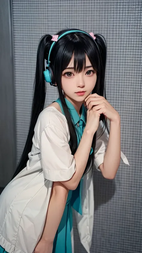 hatsune miku cosplay、black hair、short hair、the hair is very short、twintails、i have headphones on、40 years old、singing on a micro...