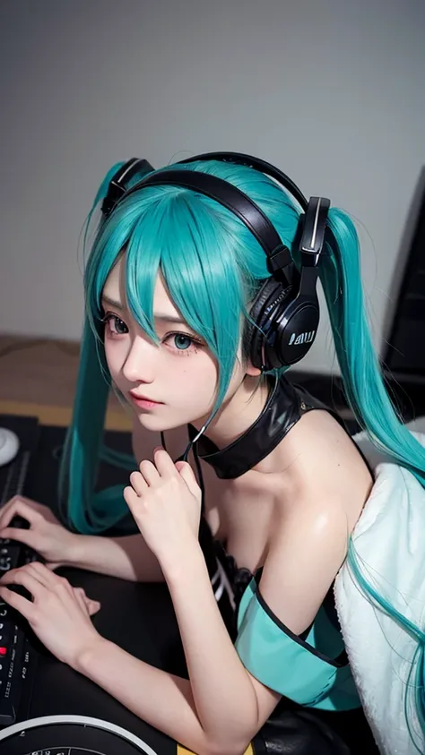 Hatsune Miku Cosplay、Black Hair、Short Hair、The hair is very short、Twintails、I have headphones on、40 years old、Singing on a microphone、flat chest、Realistic photos、Realistic、8K quality、No bangs、The background is simple、Full body shot