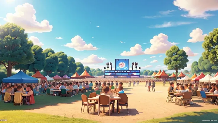 Open air music festival on a sunny day, pixar drawing style