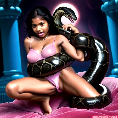 Pink thong  Happy Horny, aroused 1girl), beautiful kneeling Indian young teen girl  with  giant colossal black titanboa monster  squeezing her hard, wrapped in thick spiraling coils, constricted, struggle, gasping for air, snake attack, snake peril, moonle...