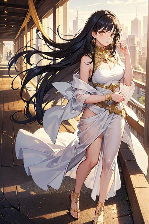 20 years old, with long black hair down to her waist, golden eyes. she wears jewelry and dresses in an antique style, donning a ...