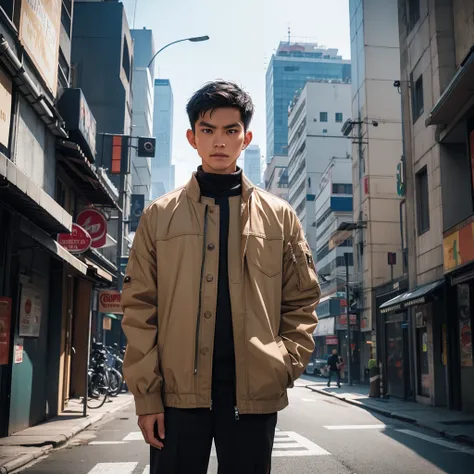 an Indonesian man wearing a jacket and standing straight facing the front. The photo was taken from a front position, urban background, the image looks like it was taken by a professional photographer.