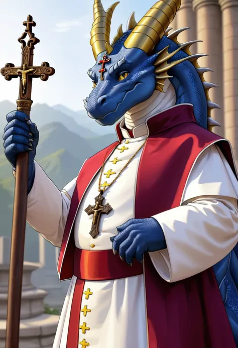 human nature, cannon, male, solitary, ((the strong，Handsome)), (dragon),((Traditional Catholic Pope outfit，Western dragon dragon horn))， standing，((Traditional Catholic style))，Hand in hand cross，high quality, (4K,high quality, high resolution, masterpiece...