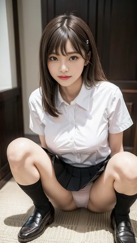 Highest quality、超A high resolution、(Photorealistic:1.5)、1 girl、(Brown Hair:1.2)、Shortcuts、Sticking out one ear、Bob、(Big Breasts:1.2)、Whole Body Ezbian、Smile、Bad Eyes、Panty shot, Spread your legs, Skirt, , White panties, socks, shirt, School, Knee-length, 白...