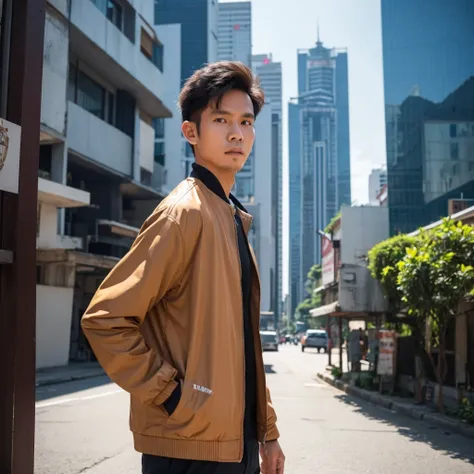 an Indonesian man wearing a jacket and standing straight facing the front. The photo was taken from a front position, urban background, the image looks like it was taken by a professional photographer.