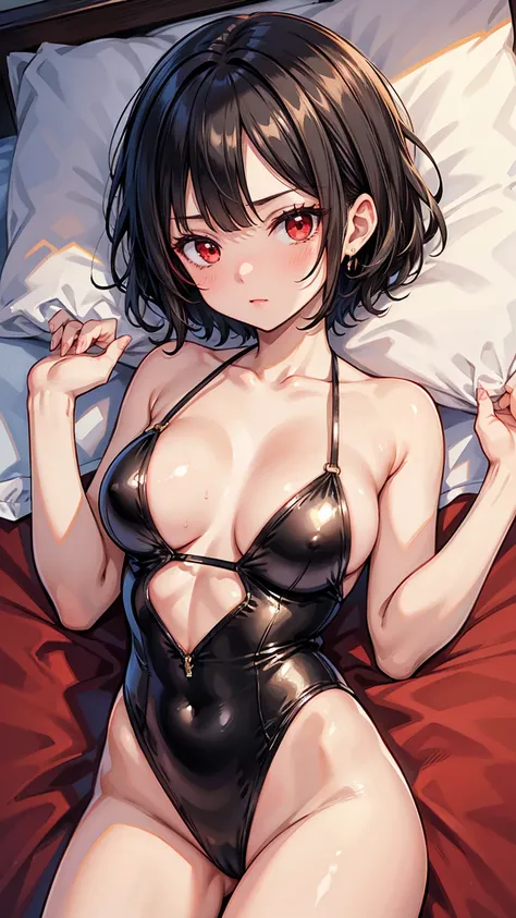 glamorous, girl, black short hair, one piece swimsuit, red eyes, love hotel room, lying on bed