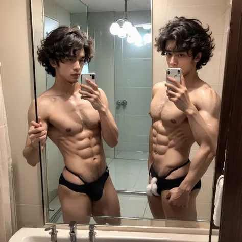 Handsome man , light bears, hot muscular body , medium curly hair , mirror selfie in the bathroom 