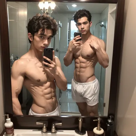 Handsome man , light bears, hot muscular body , medium curly hair , mirror selfie in the bathroom 