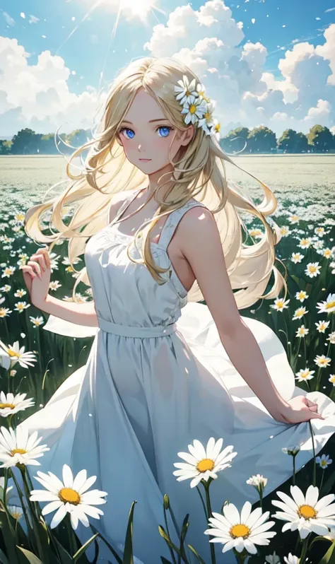 One girl,In the flower field,White flower,View your viewers,blue eyes,Blonde,Daisy,Long Hair,Pure white dress,Glamorous body,Strong winds,Flower storm,Backlight,particle,