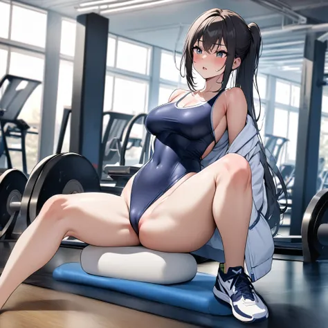 Young woman with tight-fitting swimsuit in a gym, the gym paid off and his chest and legs grew