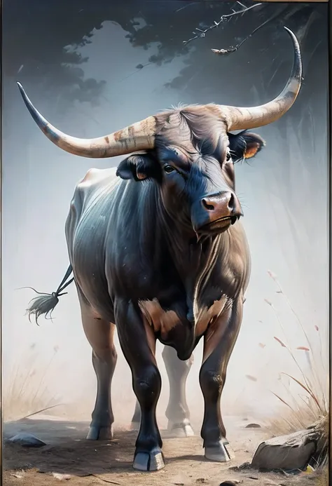 (masterpiece, top quality, best quality, official art, beautiful and aesthetic:1.2), the ox oil painting is a work of art create...