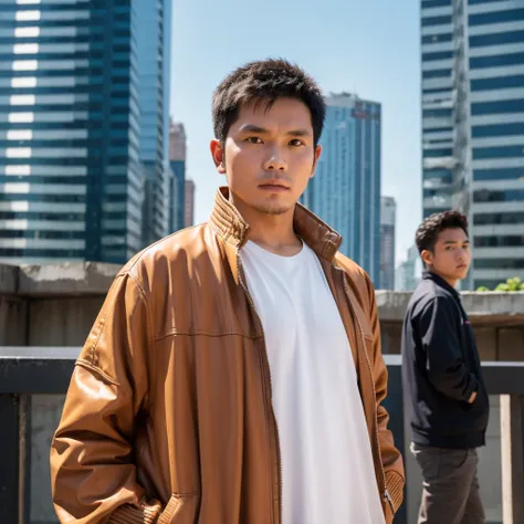 an Indonesian man wearing a jacket and standing straight facing the front. The photo was taken from a front position, urban background, the image looks like it was taken by a professional photographer.