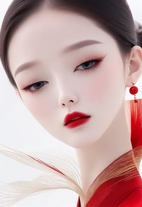 elegant Shanghai woman,beautiful eyes,long eyelashes,red lips,random shots,smooth lines, pure white background, minimalist, ethereal Zen, high definition. --ar 3:4