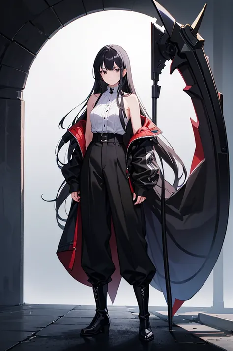 30-year-old anime woman, long black hair, serious, black eyes, wears old-fashioned clothing, black baggy pants, black boots, white blouse with long sleeves and exposed shoulders, powers of darkness, dark background.