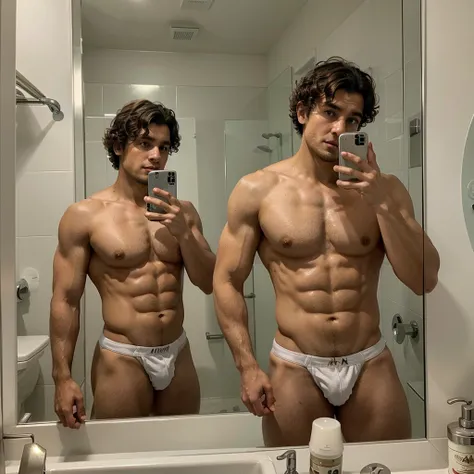 Handsome man , light bears, hot muscular body , medium curly hair , mirror selfie in the bathroom 