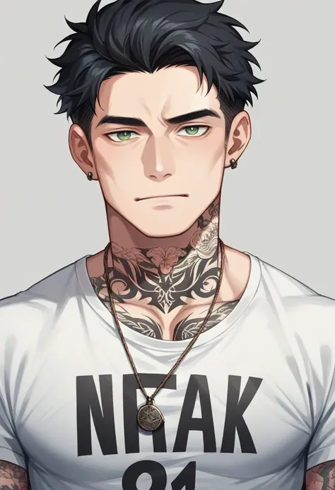 Make a 23 year old man with short wavy black hair, greeneyes, wear earrings and necklace, his arm is full of tattoos and he is wearing a white rock band t-shirt 