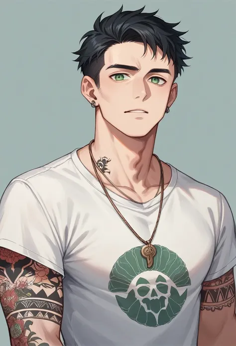 Make a 23 year old man with short wavy black hair, greeneyes, wear earrings and necklace, his arm is full of tattoos and he is wearing a white rock band t-shirt 