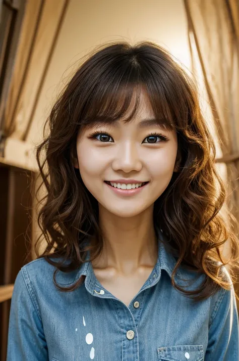 Slim Korean woman face, light yellow skin color, large eyes, blue eyes, smiling eyes, splattered nose, long light brown hair, curly hair, small mouth, thin neck