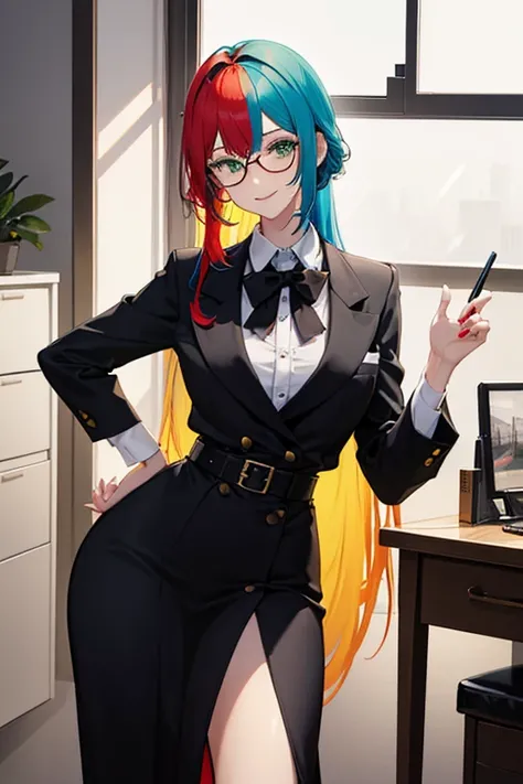 tall girl, colourful hair, Red hair, blue hair, green hair, secretary attire, black vest, colorful skirt, glasses on the head, defined hands, defined legs, defined face, black eyes, black left eye, right eye colors, Waist length hair, belt, defined smile, ...