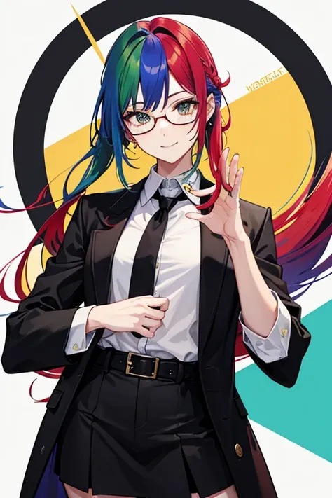 tall girl, colourful hair, Red hair, blue hair, green hair, secretary attire, black vest, colorful skirt, glasses on the head, defined hands, defined legs, defined face, black eyes, black left eye, right eye colors, Waist length hair, belt, defined smile, ...