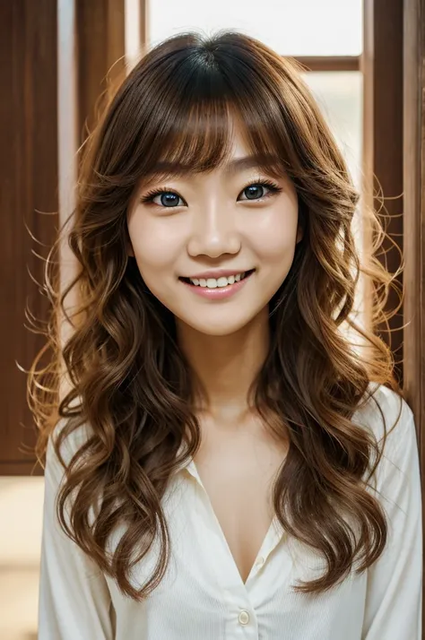 Slim Korean woman face, light yellow skin color, large eyes, blue eyes, smiling eyes, splattered nose, long light brown hair, curly hair, small mouth