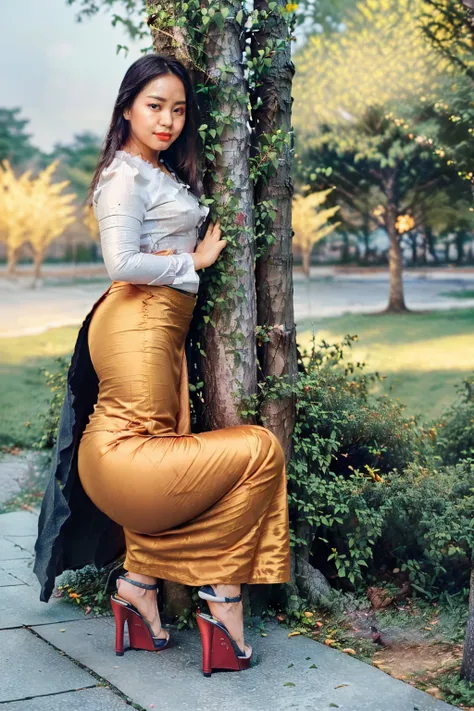 arafed asian woman in a satin dress, (((full body view:2))), ((pretty lady MoonLay:1.2)), (pretty lady MoonLay), ((((pretty lady MoonLays innocent cute face and cute small smile:1.4)))), ((stylish standing with seductive one knee up and lean towards the tr...