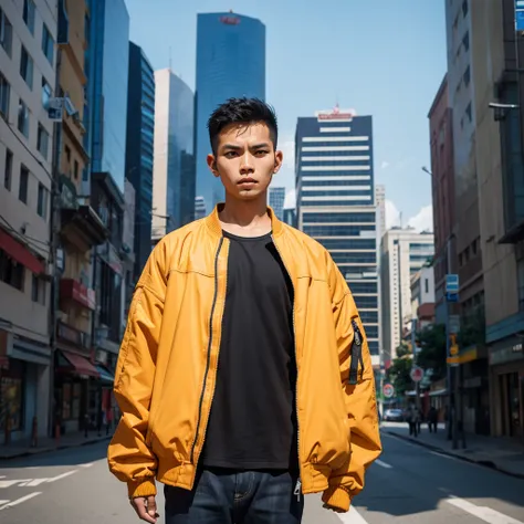 an Indonesian man wearing a jacket and standing straight facing the front. The photo was taken from a front position, urban background, the image looks like it was taken by a professional photographer.