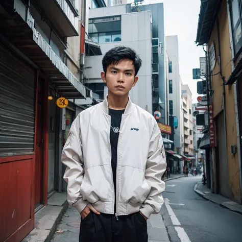 an Indonesian man wearing a jacket and standing straight facing the front. The photo was taken from a front position, urban background, the image looks like it was taken by a professional photographer.