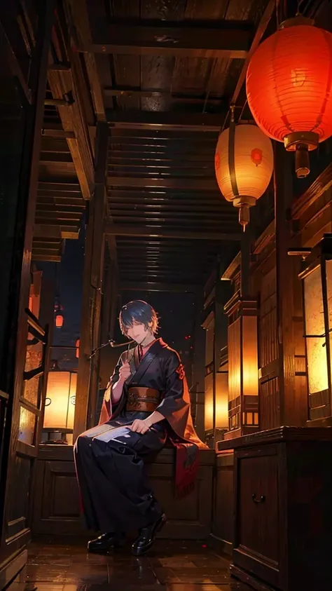 Man holding a smoking pipe,Japanese style architecture,night,Lantern,Sitting,Smoke coming out of his mouth,indoor,high resolution