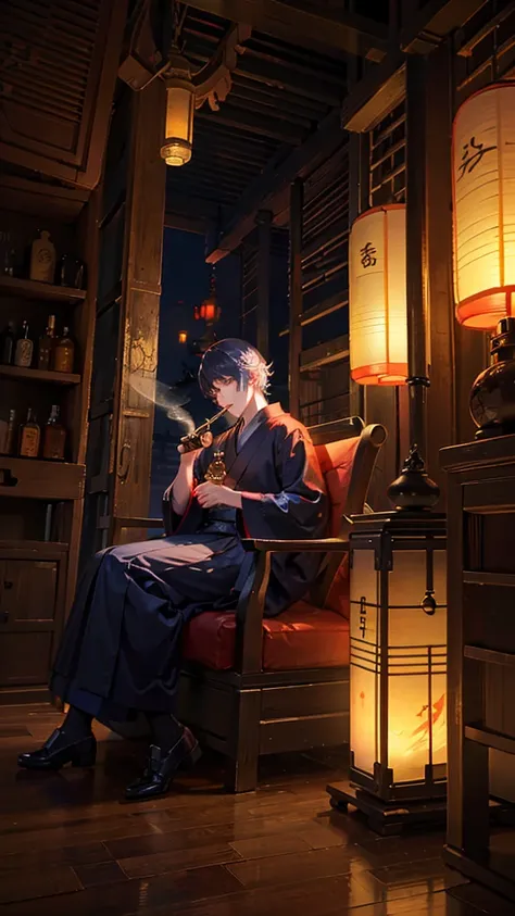 Man holding a smoking pipe,Japanese style architecture,night,Lantern,Sitting,Smoke coming out of his mouth,indoor,high resolution