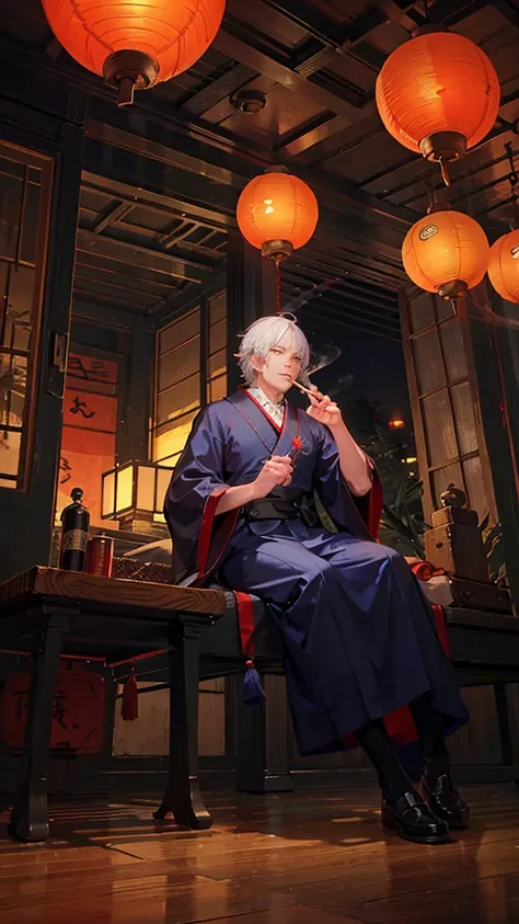 Man holding a smoking pipe,Japanese style architecture,night,Lantern,Sitting,Smoke coming out of his mouth,indoor,high resolution