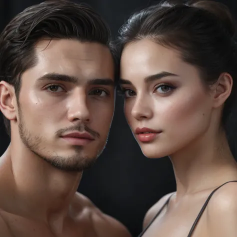 8 k, Best quality, masterpiece, Ultra high resolution, (Realism: 1.4), original photo, (realistic skin texture: 1.3), (Granularity: 1.3),  girl and guy dark style couple in love face details, masterpiece, Best quality, upper body, I look at the viewer