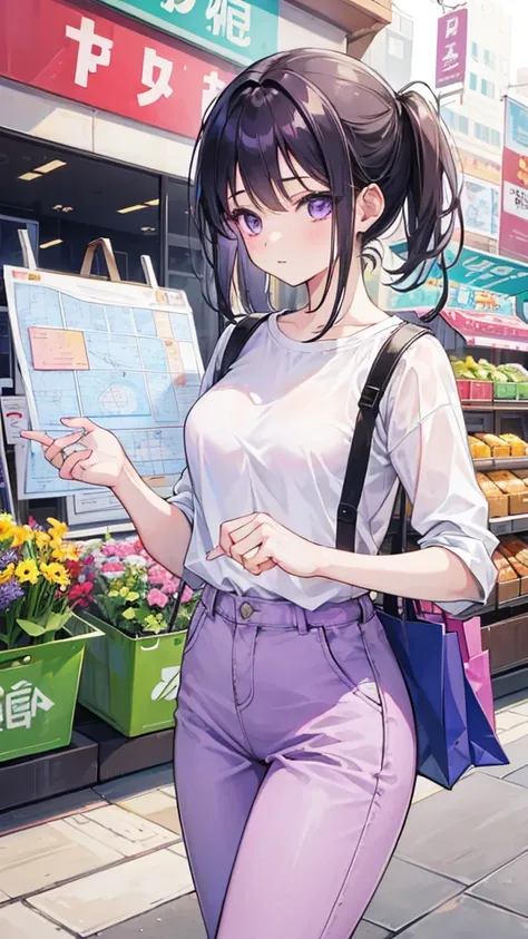 A girl holding a map walk in the market with a shopping bag girl white shirt and purple pant