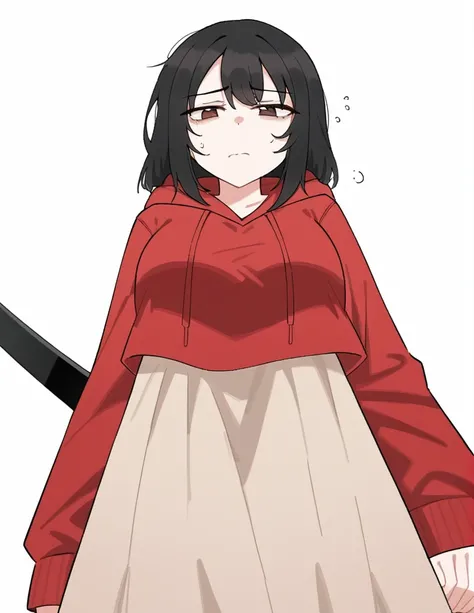 Girl, medium-length black haired, brown eyes, tired expression, red hoodie, airheaded, black sword, beige dress underneath the red hoodie 