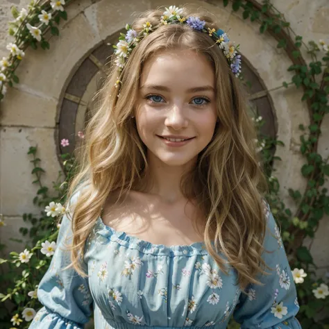 belle blonde dans un champ de fleurs sauvages, (wearing a floral dress, souriant joyeusement et cueillant des fleurs avec une couronne de fleurs sur la tête.), very detailed, 21 ans, visage innocent, natural wavy hair, blue eye, high resolution, head of&#3...