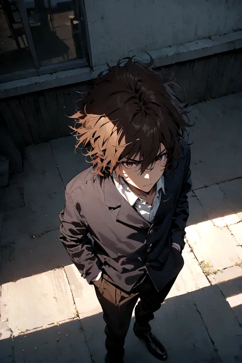 Teenage boy, Messy hair, medium length hair, dark brown hair, eyes black, serious face hands in pockets, white school shirt, dark blue school jacket, dark brown pants with details, black dress shoes, scene on a school terrace, lot of details