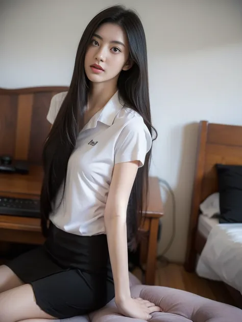 A woman wearing a student uniform stands with her bare breasts in a bedroom.,long black hair,Medium bust,realistically,virtual